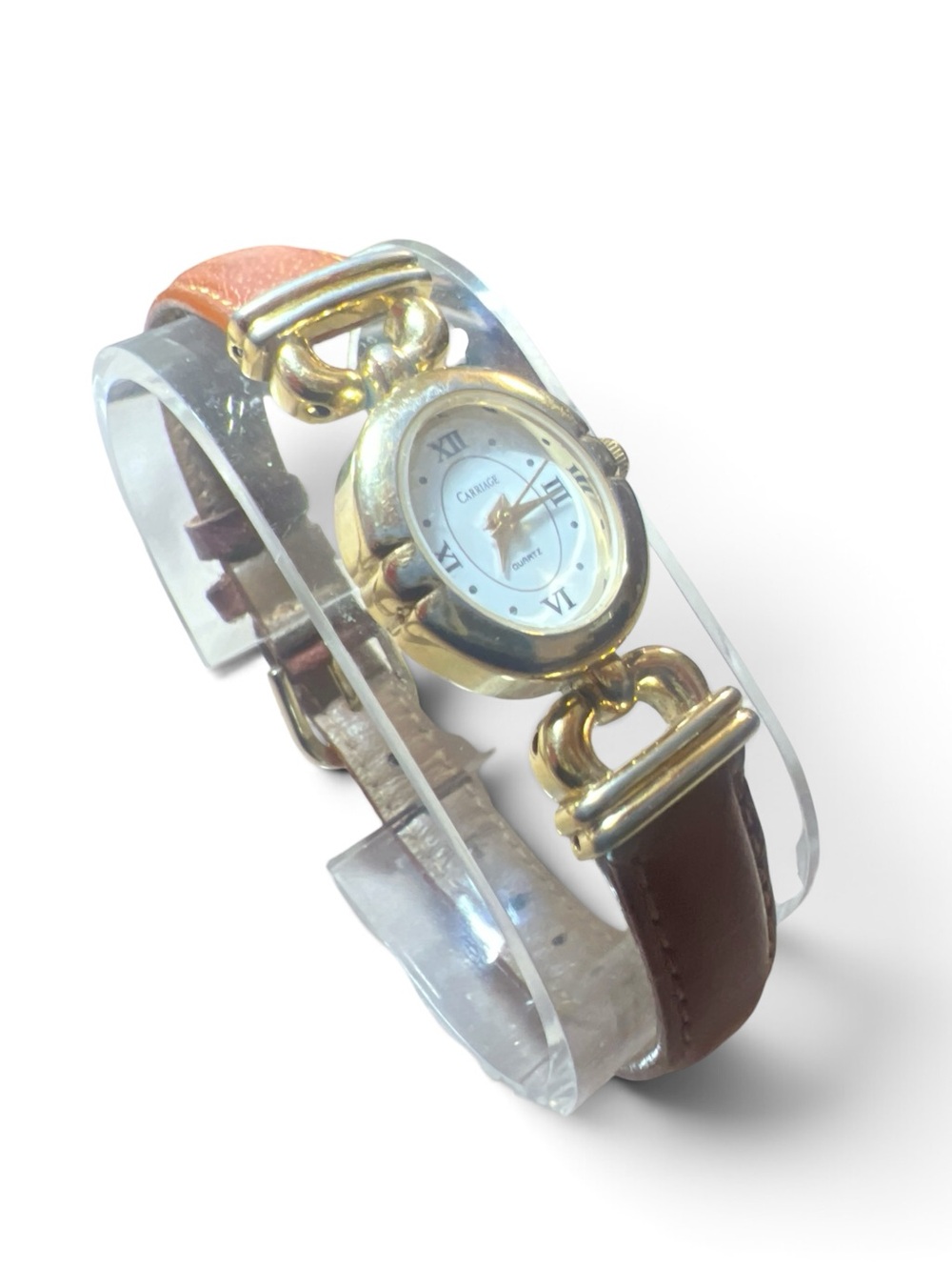 Carriage Womens Gold Tone Oval Watch Brown Leather Strap Roman Numeral Quartz